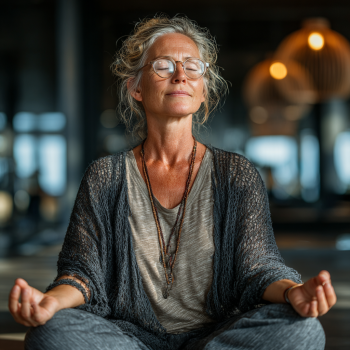 Idős ember jógázik békés környezetben