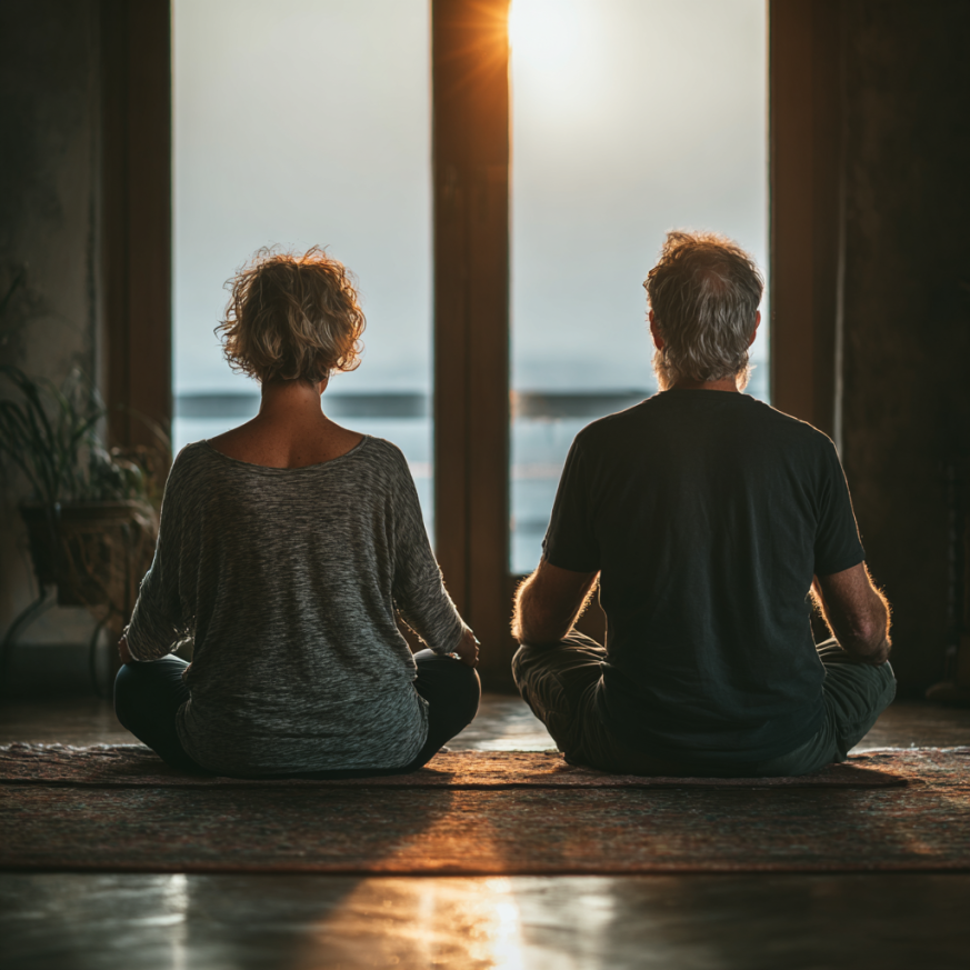 Tapasztalt jóga oktató idős tanítványokkal