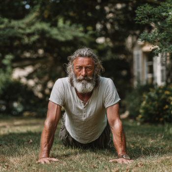 Boldog idős emberek jógáznak együtt